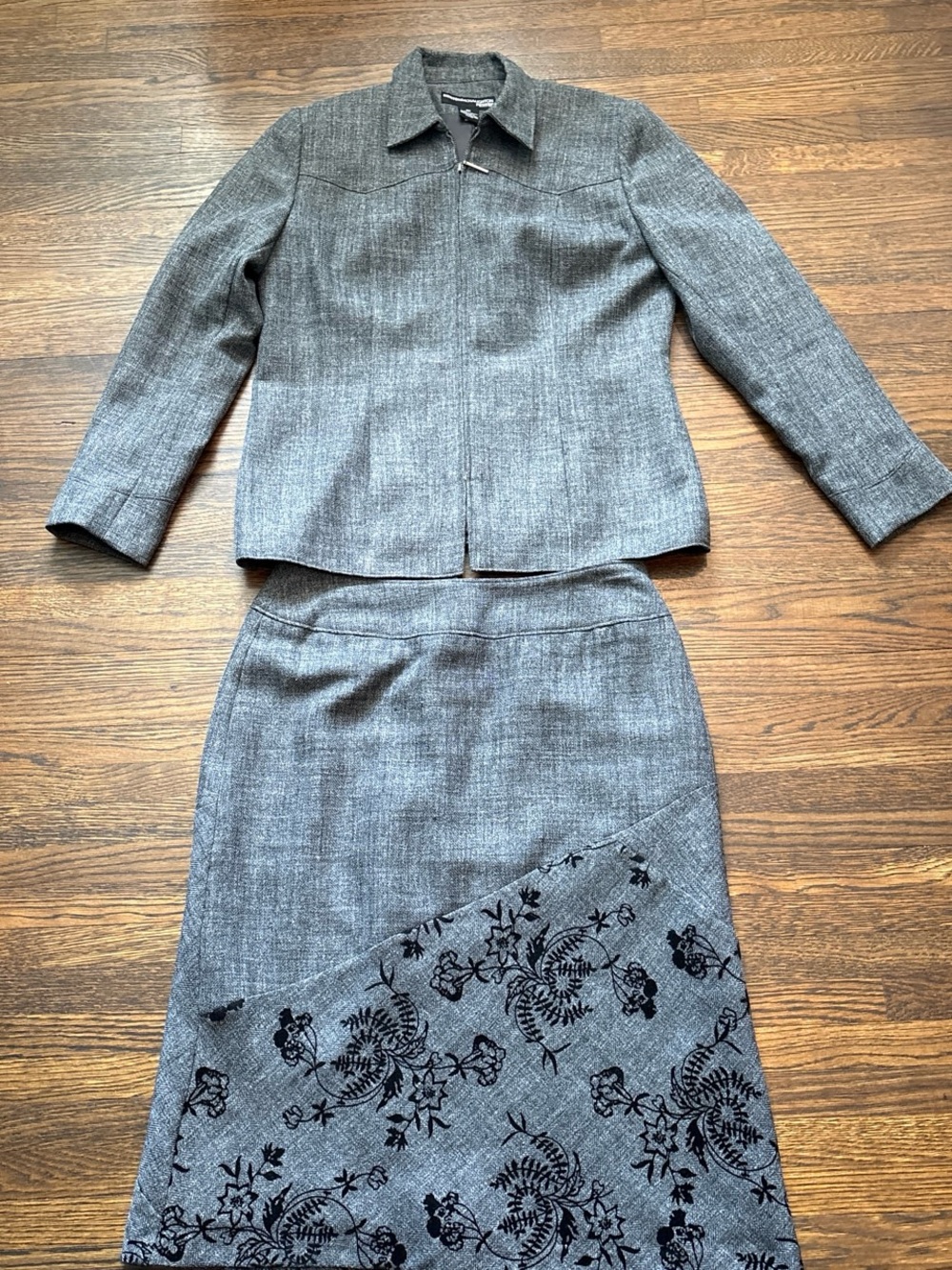 Norton McNaughton Gray Two-Piece Skirt Suit with Black Floral Appliqué